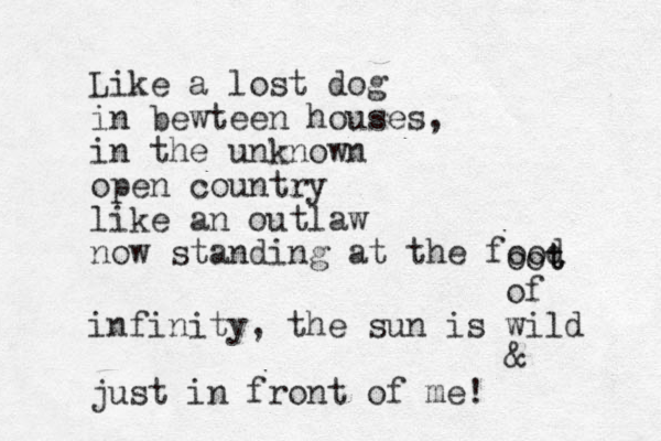 Like a lost dog in bewteen houses, in the unknown open country like a n outlaw now standing at the food oot t of infinity, the sun is wild & just in front of me!