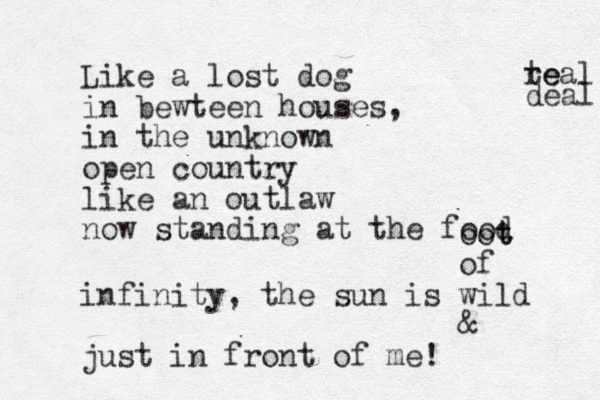 Like a lost dog in bewteen houses, in the unknown open country like a n outlaw now standing at the food oot t of infinity, the sun is wild & just in front of me! te real deal 