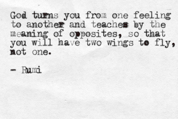 God turns you from one feeling to another and teaches by the meaning of opposites, so that you will have two wings to fly, not one. - Rumi