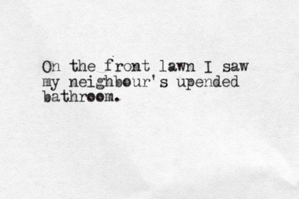 On the front lawn I saw my neighbour's upended bathroom.
