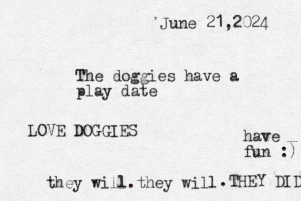 The doggies have a play date June 21,2024 have fun :) they will.they will .THEY DID LOVE DOGGIES
