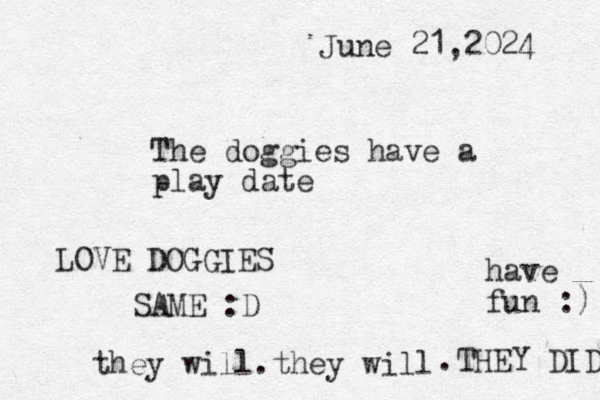 The doggies have a play date June 21,2024 have fun :) they will.they will .THEY DID LOVE DOGGIES SAME :D