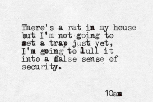 There's a rat in my house but I'm not going to set a trap just yet, I'm going to lull it into a dalse f sense of security. 10am