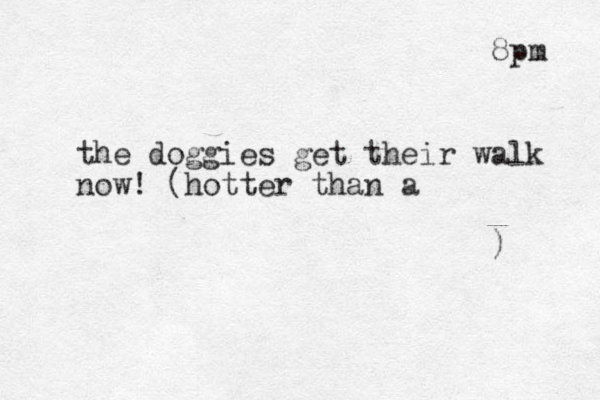 8pm the doggies get their walk now! (hotter than a )