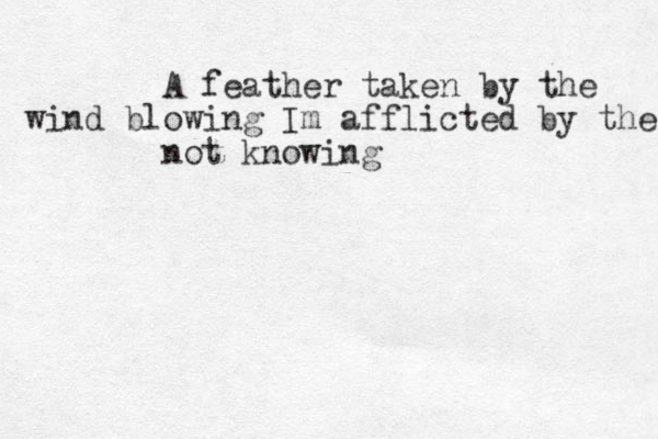 A feather taken by the wind blowing Im afflicted by the not knowing