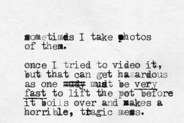 sometimd es I take ohotos p p of them. once I tried to video it, but that can get hazardous as one mudy ==== mudt s s be very ____ fast ____ to lift the pot before it boils over and makes a horrible, ttagic mess. r r 