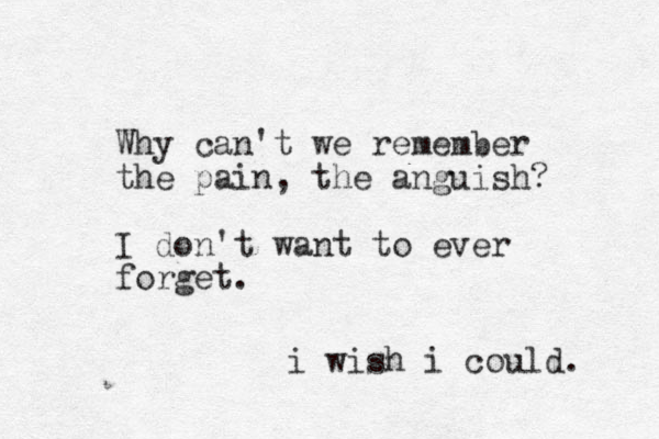Why can't we remember the pain, the anguish? I don't want to ever forget. i wish i could. 