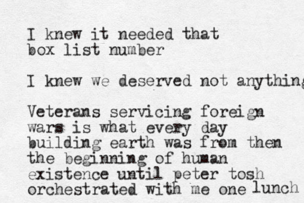 I knew it needed that box list number I knew we deserved not anything Veterans servicing foreign wars is what every day building earth was from then the beginning of human existence until peter tosh orchestrated with me one lunch 