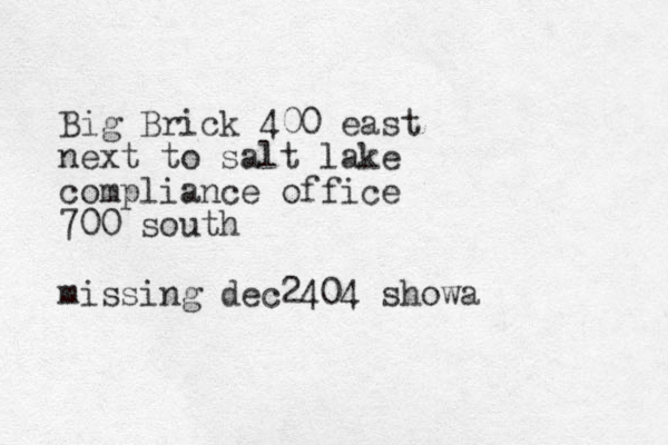 Big Brick 400 east next to salt lake compliance office 700 south missing dec2404 showa
