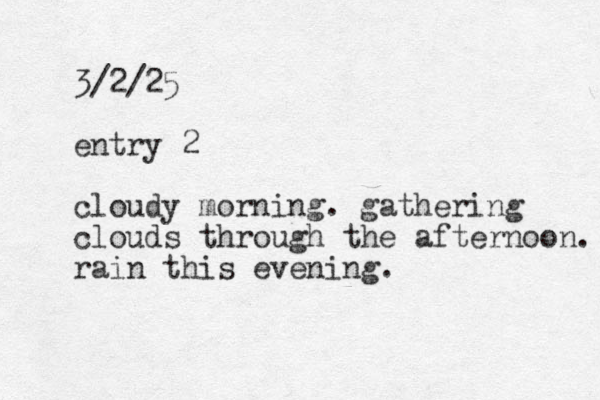 3/2/25 entry 2 cloudy morning. gathering clouds through the afternoon. rain this evening. 