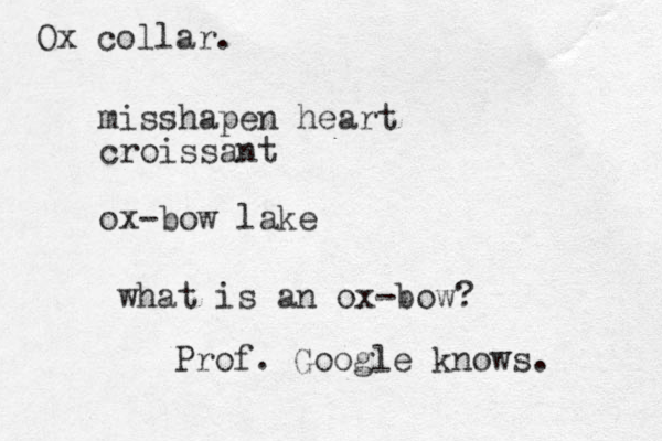 misshapen heart croissant ox-bow lake what is an ox-bow? Prof. Google knows. Ox collar.