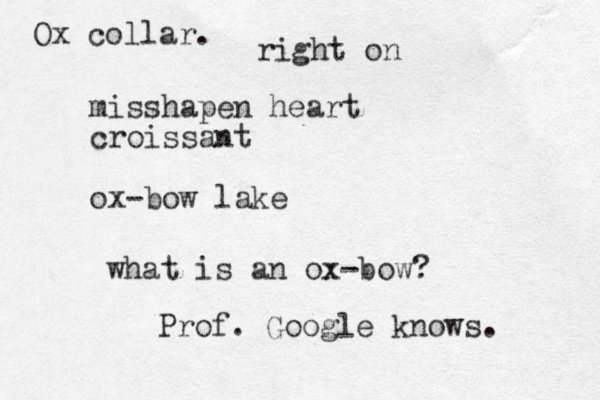 misshapen heart croissant ox-bow lake what is an ox-bow? Prof. Google knows. Ox collar. right on