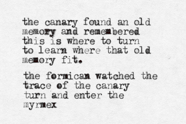 the canary found an old memory and remembered this is where to turn to learn where that old memory fit. the formican watched the trace of the canary turn and enter the myrmex