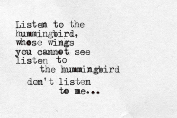 Listen to the humming bird, whose wings you cannot see listen the hummingbird to don't listen to me... 