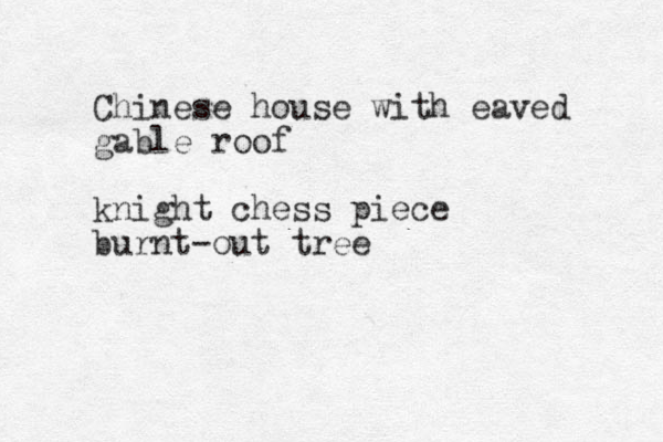 Chinese house with eaved gable roof knight chess piece burnt-out tree 