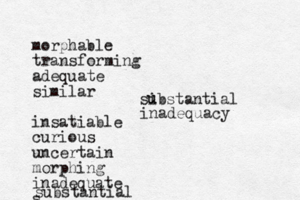 morphable transforming adequate similar i nsatiable curious uncertain morphing inadequate s substantial sibstantial u u inadequacy 