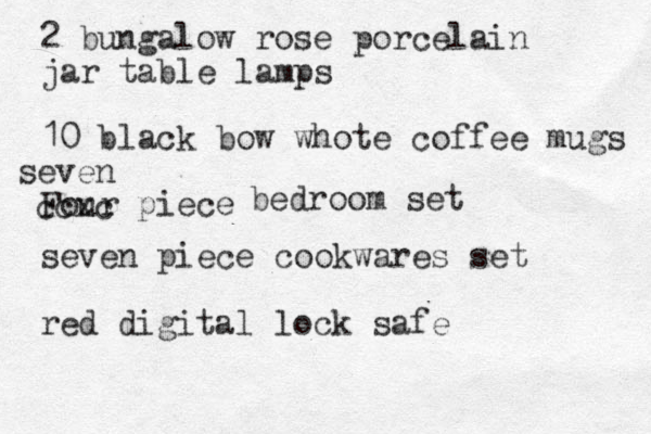 2 bungalow rose porcelain jar table lamps 10 black bow whote coffee mugs Four piece ccxc seven bedroom set seven piece cookwares set red digital lock safe 