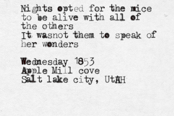 Nights opted for the mice to be alive with all of the others It wasnot them to speak of her wonders Wednesday 1853 Apple Mill cove Salt lake city, UtH AH