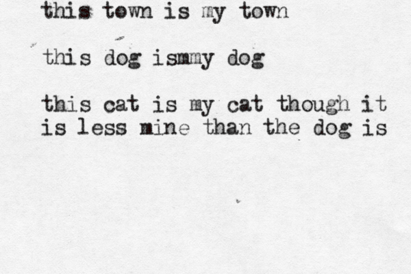 this town is my town this dog ism my dog this cat is my cat though it is less mine than the dog is