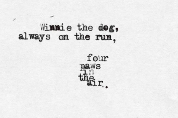 Winnie the dog, on the run always , paws in the air four .