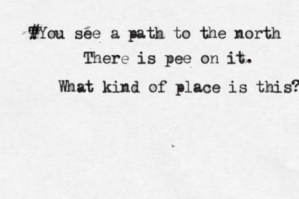 T #You see a path to the nort There is pee on it. What kind of place is this?