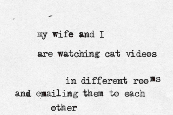 my wife and I are watching cat videos in different roo m and emailing them to each othe