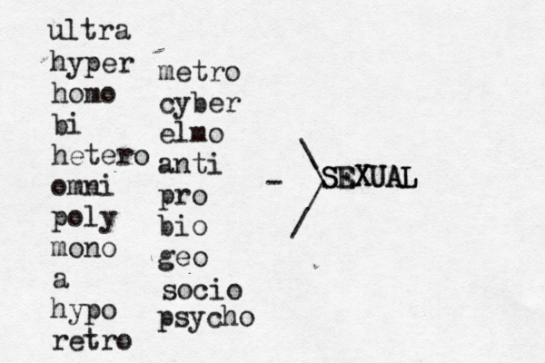 S SE EX XU UA AL L / \ / \ ultra hyper homo bi hetero omni poly mono a hypo retro metro cyber elmo anti pro bio geo socio psycho -