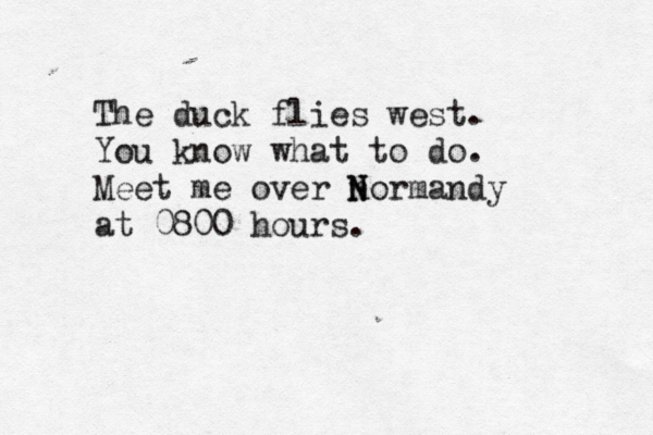 The duck flies west. You know what to do. Meet me over n N Normandy at 0800 hours.