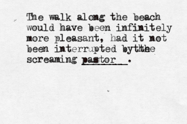 The walk along the beach would have been infinitely more pleasant, had it not been interrupted bythe the screaming _______ pasto