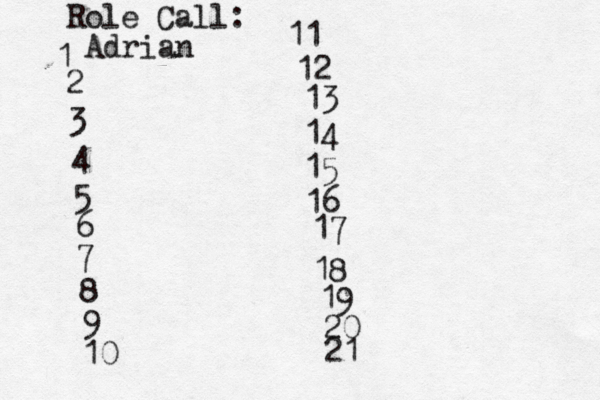 Role Call: 1 2 3 4 5 6 7 8 9 10 11 12 13 14 15 16 17 18 19 20 21 Adria
