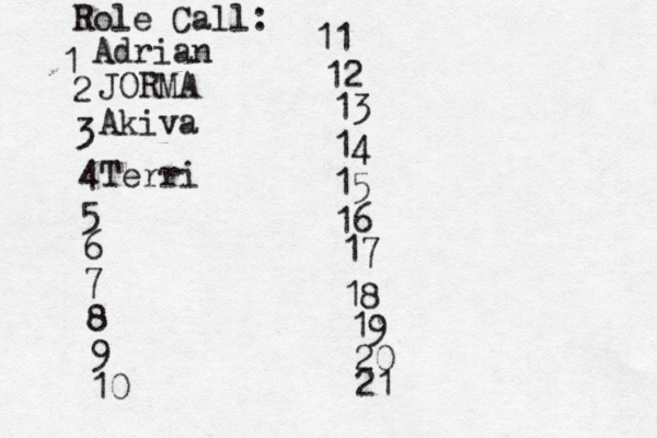 Role Call: 1 2 3 4 5 6 7 8 9 10 11 12 13 14 15 16 17 18 19 20 21 Adri JORM Aki Terr