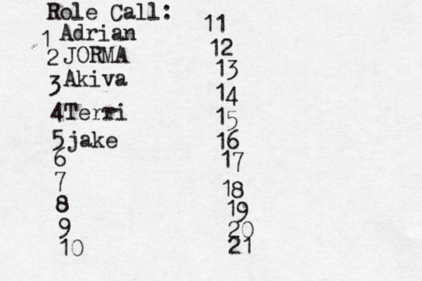 Role Call: 1 2 3 4 5 6 7 8 9 10 11 12 13 14 15 16 17 18 19 20 21 Adri JORM Aki Ter jake