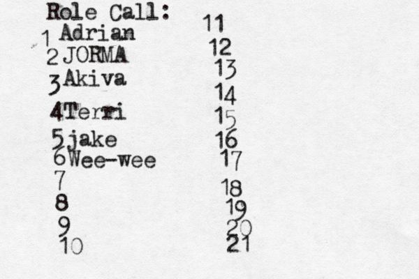 Role Call: 1 2 3 4 5 6 7 8 9 10 11 12 13 14 15 16 17 18 19 20 21 Adri JORM Aki Ter jak Wee-wee