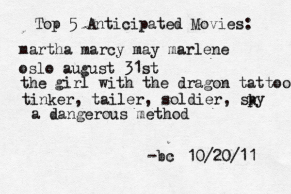 Top 5 Anticipated Movies: martha marcy may marlene oslo august 31st the girl with the dragon tattoo tinker, tailer, soldier, sk py a dangerous method -bc 10/20/11