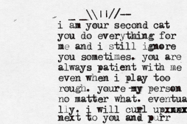 >^_^< >^_<_\\||//-- i am your second cat you do everything for me and i still ignore you sometimes. you are always always patient with me even when i play too rough. youre my person no matter what. eventuall lly. i will curl up nev x zx xxxx next to you and purr