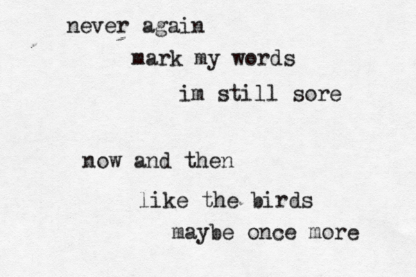 never again mark my words im still sore now and then like the birds maybe once more