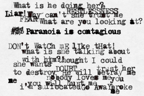 Paranoia is contagious Paranoia is contagious Paranoia is contagious What is he doing her? e what is she talking about with him?! What are yo u looking t at a a ? He will betray me I thought I could trust her Why can't she trust me FEAR DOUBT she wants to destroy e n m m m nobody loves me RESTLESSNESS DON't WatCh mE lIke tHat! you will hurt me Go AwaY i'm suffocated Liar! Liar! you broke e me m m €@$ #%% !??