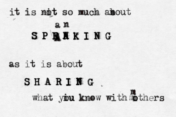 it is nit ot so much an bout S S S P P P E E E A A A k K K K I I I N N N G G G as it is about S S S H H H A A A R R R I I I N N N G G G what yiu ou know with i others A A N N a n m m