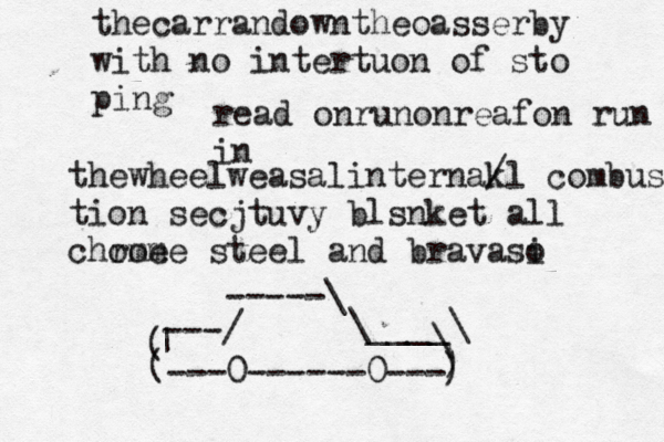 thecarrandowntheoasserby with no intertuon of sto ping read onrunonreafon run in thewheelweasalinternak /l combustio tion secjtuvy blsnket all chome rome steel and bravasi o ---/ -----\ \____\ \ | < > ~{ [( ( ) ) ---0------0--