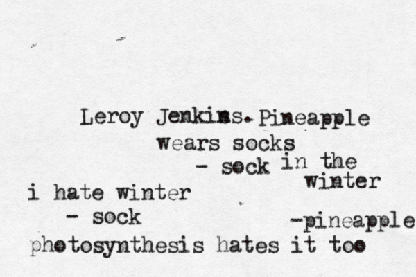 Leroy Jenkis n wears socks - so Pineapple in the winter -pineappl i hate winter - so photosynthesis hates it too