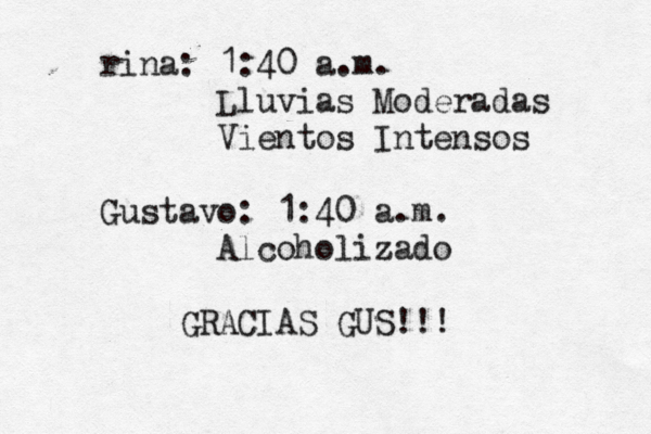 rina: 1:40 a.m. Lluvias Moderadas Vie tos Intensos n Gustavo: 1:40 a.m. Alcohol izado ¡ GRACIAS GUS!!