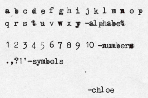 a b c d e f g h i j k l m n o p q r s t u v w x y -alphabet 1 2 3 4 5 6 7 8 9 10 -numbers .,?!'-symbols -chloe 