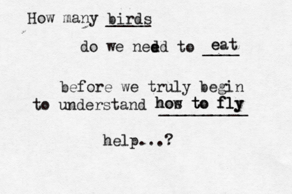 How many _____ do we ned ed e to ____ before we truly begin to understand __________ help...? birds eat e how hos to to fly fly 