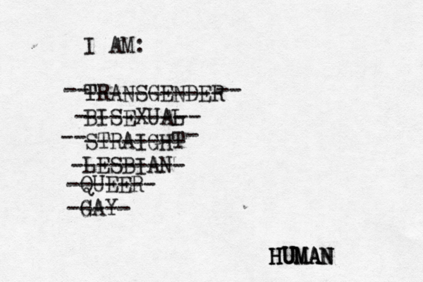 I AM: TRANSGENDER T ----------- BISEXUAL -------- STRAIGHT -------- LESBIAN --------- - -- - -- -- -- QUEER ------- GAY G ----- HUMAN HUMAN HUMAN 