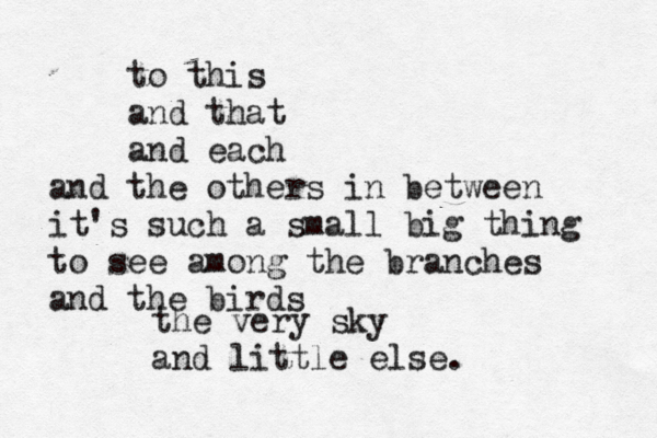 to this and that and each and the others in between it's such a small big thing to see among the branches and the birds the very sky and little else. 