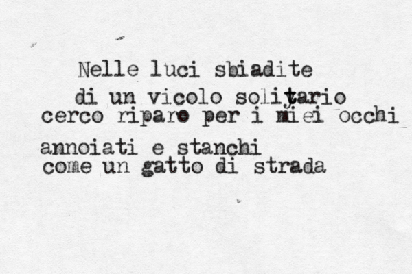 Nelle luci sbiadite di un vicolo soliyario t t t cerco riparo per i miei occhi annoiati e stanchi come un gatto di strada