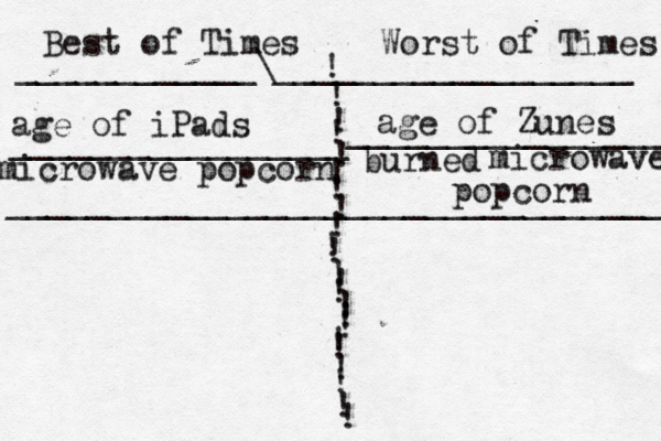 Best of Times Worst of Times ! ! ! ! ! ! ! ! ! ! ! ! ! ! ! ! ! ! ! ! ! ! ! ____________\__________________ age of iPads age of Zunes microwave popcorn burned microwave popcorn _________________ ________________ _________________________________ 