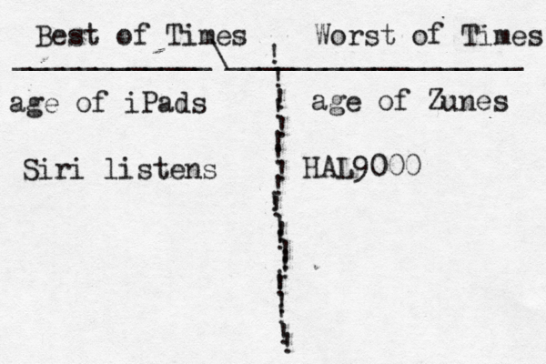 Best of Times Worst of Times ! ! ! ! ! ! ! ! ! ! ! ! ! ! ! ! ! ! ! ! ! ! ! ____________\__________________ age of iPads age of Zunes Siri listens HAL900