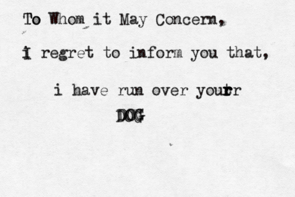 To To Whom it May Concern, i I regret to inform you that, i have run over yout rr r r DOG DOG DOG