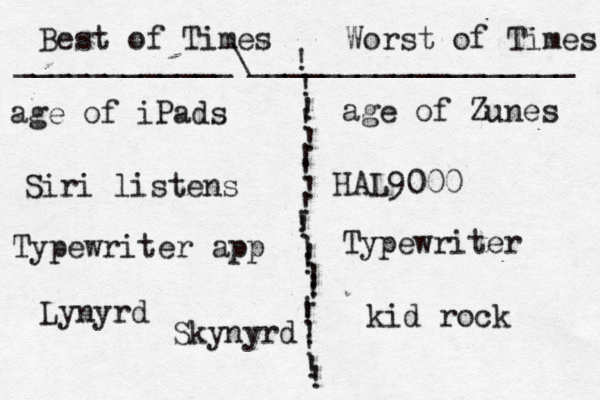 Best of Times Worst of Times ! ! ! ! ! ! ! ! ! ! ! ! ! ! ! ! ! ! ! ! ! ! ! ____________\__________________ age of iPads age of Zunes Siri listens HAL900 Typewriter app Typewriter Lynyrd Skynyrd kid rock 